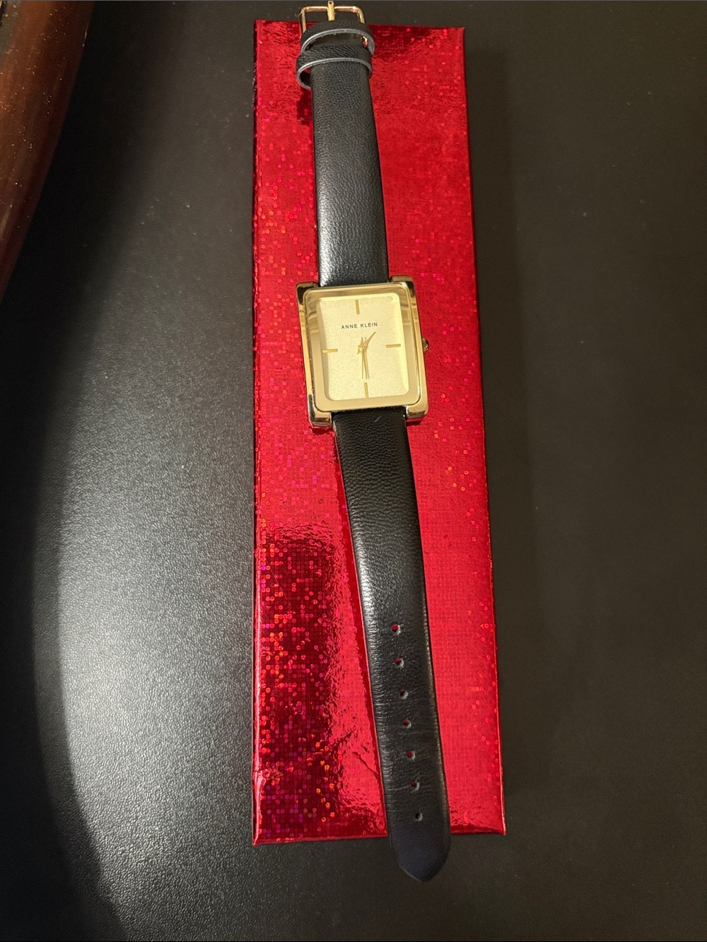 Anne Klein Gold-Tone Square Case Black Leather Strap Watch